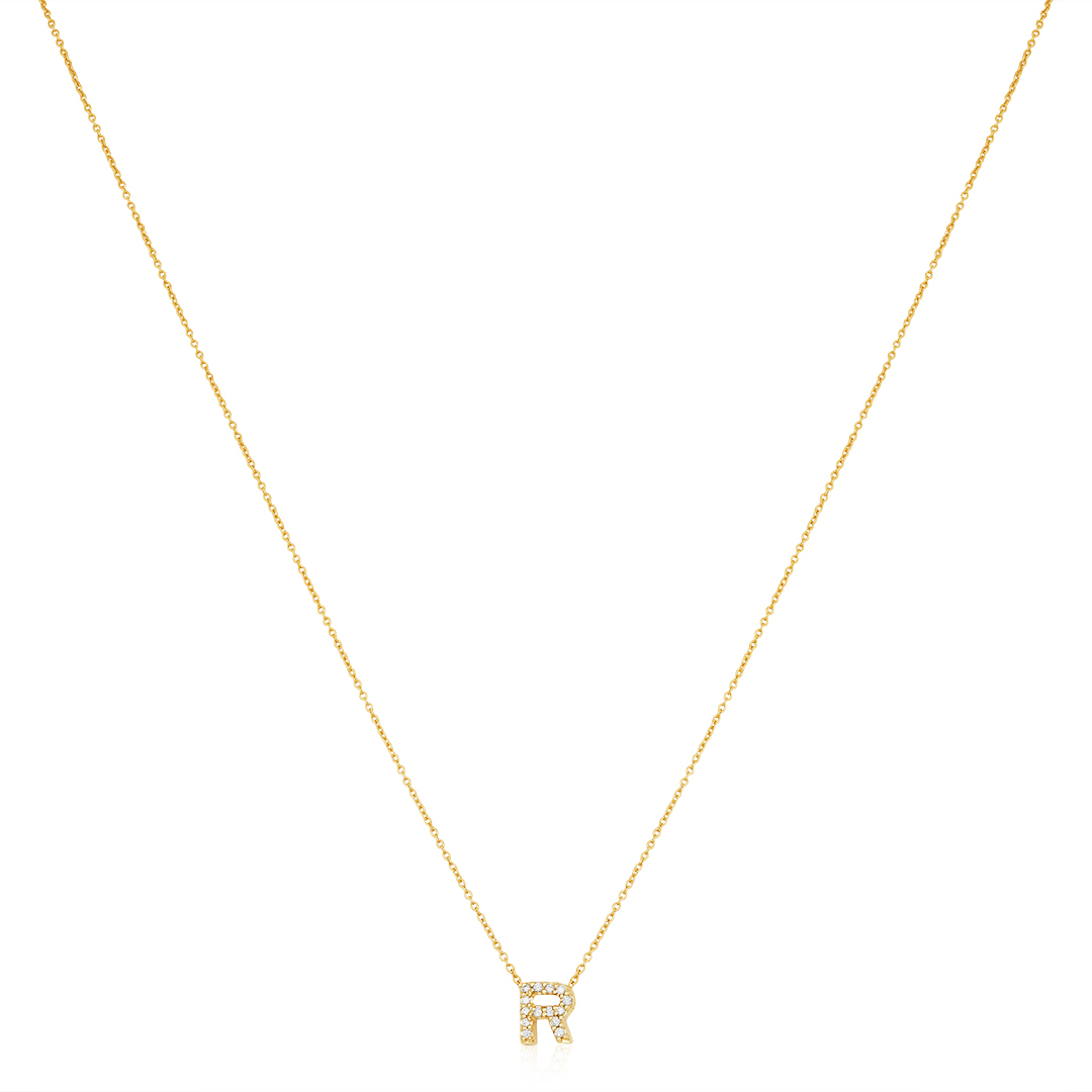 18K Yellow Gold  Diamond R Necklace